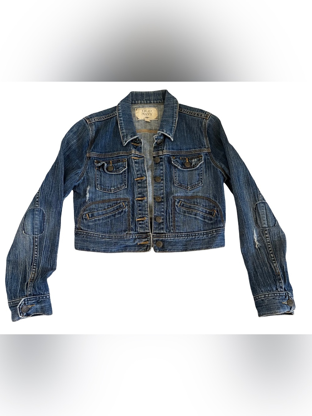 Petite Old Navy Distressed Cropped Denim Jacket with Elbow Patches.